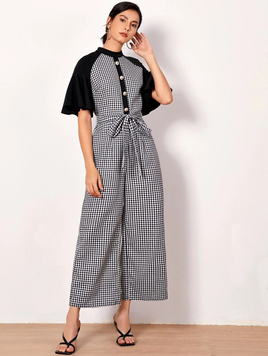 CM-JS622225 Women Casual Seoul Style Mock-Neck Raglan Flounce Sleeve Button Plaid Jumpsuit