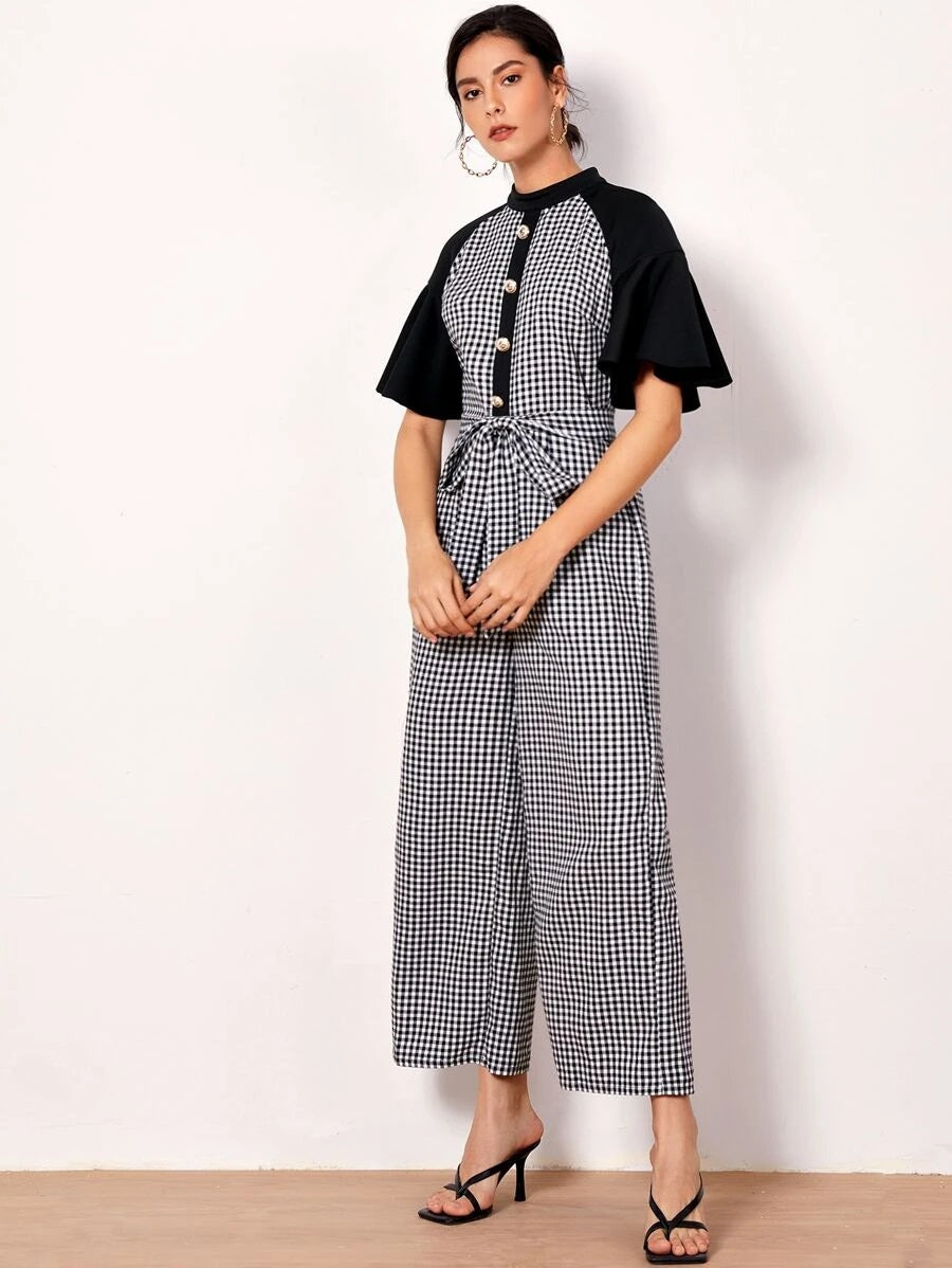 CM-JS622225 Women Casual Seoul Style Mock-Neck Raglan Flounce Sleeve Button Plaid Jumpsuit