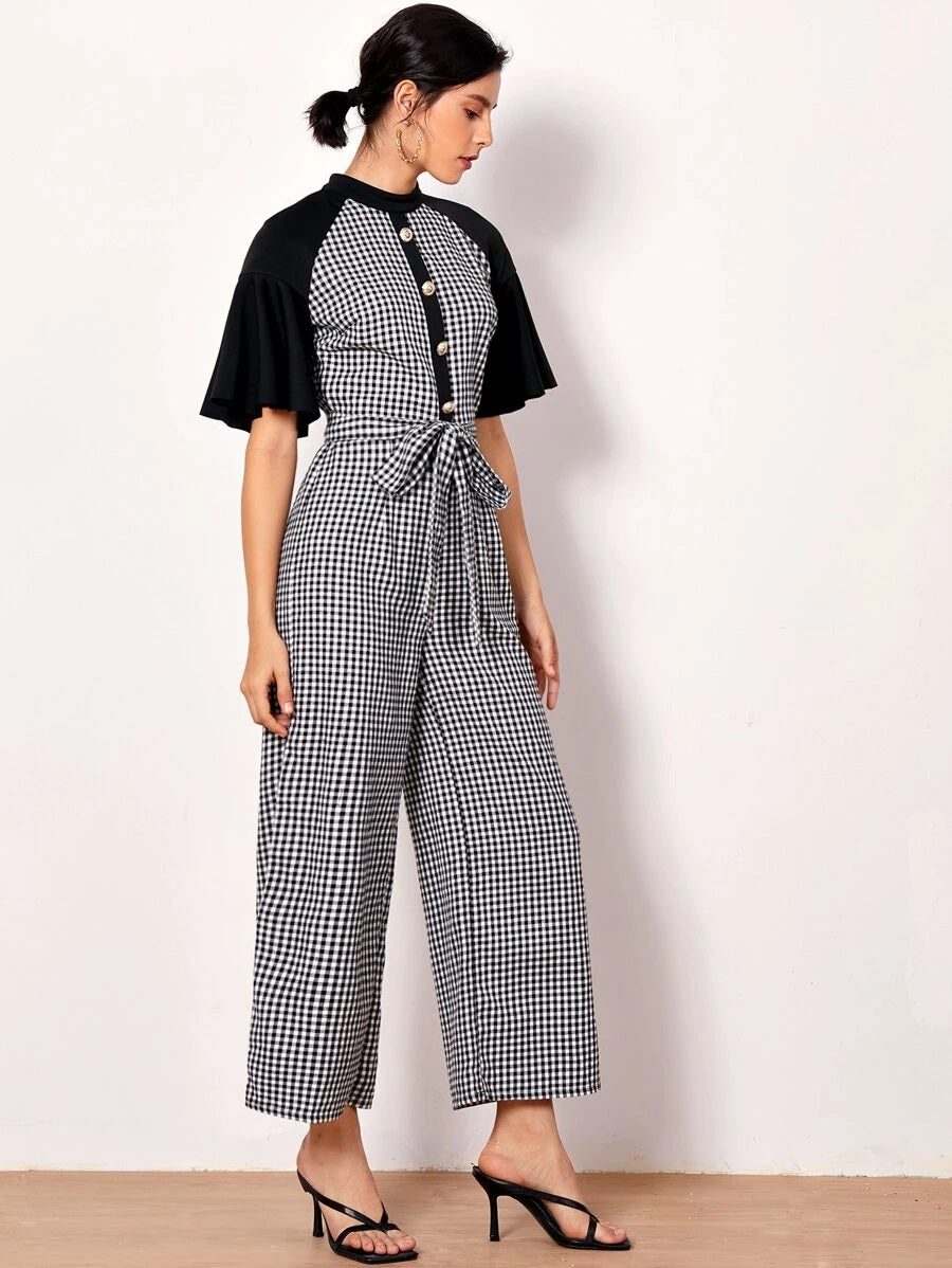CM-JS622225 Women Casual Seoul Style Mock-Neck Raglan Flounce Sleeve Button Plaid Jumpsuit