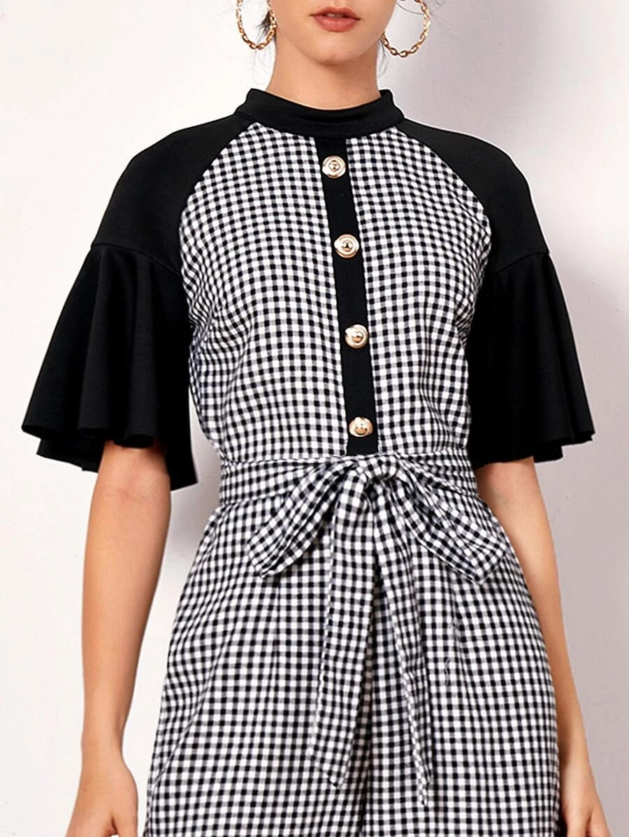 CM-JS622225 Women Casual Seoul Style Mock-Neck Raglan Flounce Sleeve Button Plaid Jumpsuit