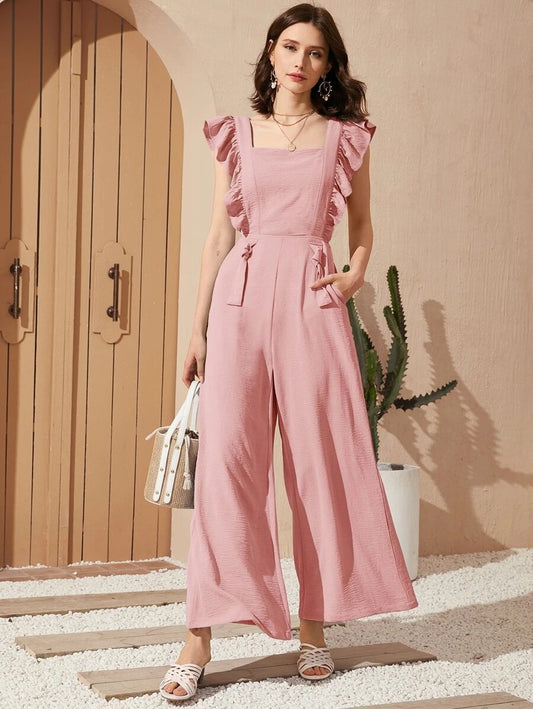 CM-JS424413 Women Casual Seoul Style Sleeveless Ruffle Trim Cutout Back Wide Leg Jumpsuit - Pink