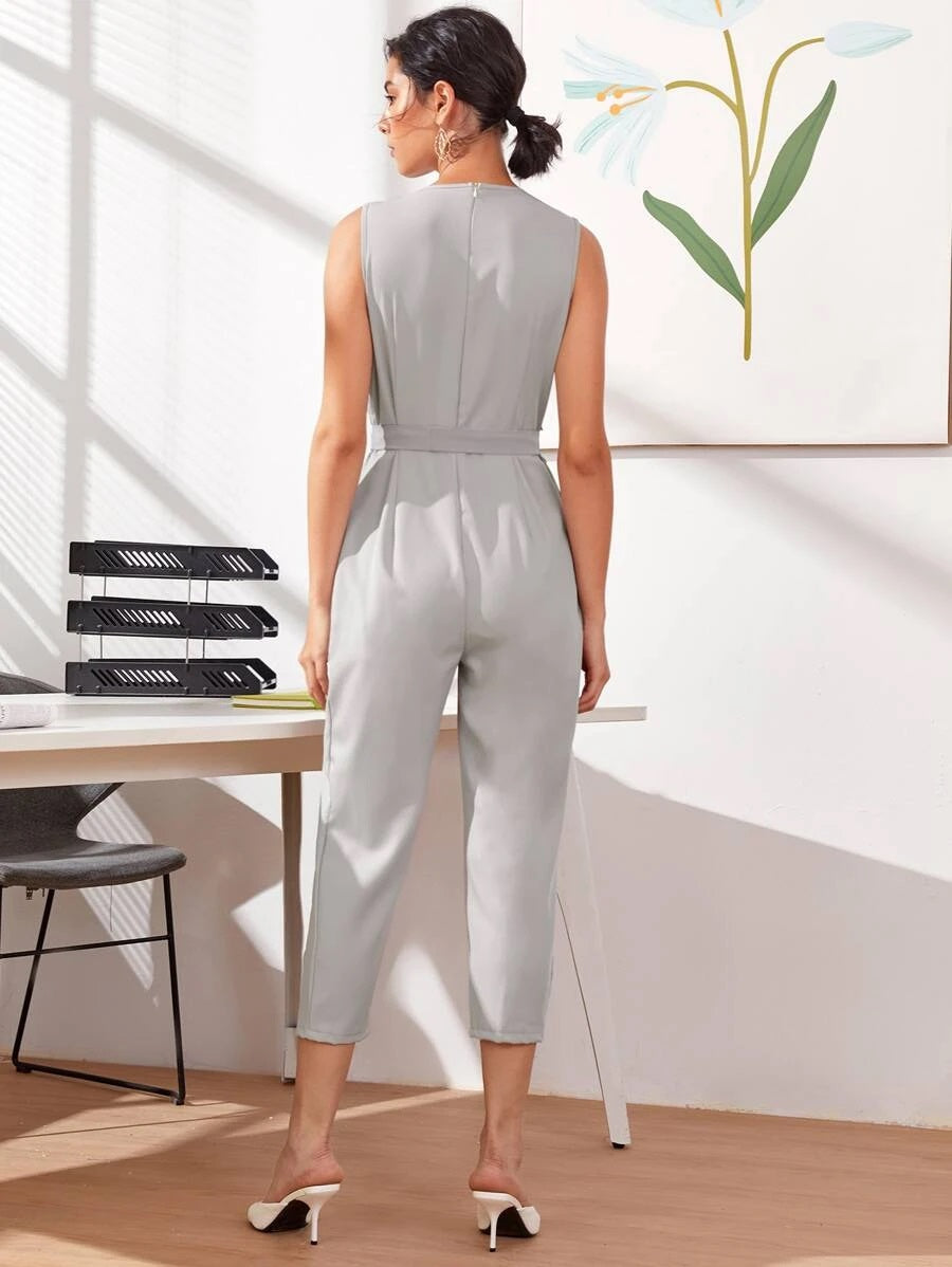 CM-JS616669 Women Casual Seoul Style Square Buckle Sleeveless Capris Jumpsuit - Light Gray