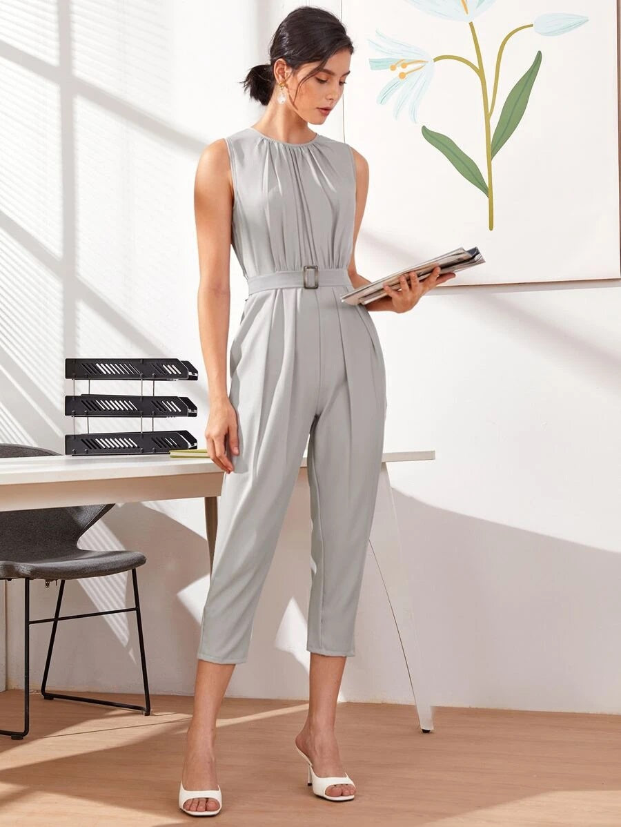 CM-JS616669 Women Casual Seoul Style Square Buckle Sleeveless Capris Jumpsuit - Light Gray