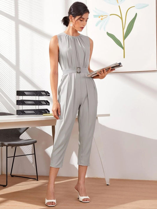 CM-JS616669 Women Casual Seoul Style Square Buckle Sleeveless Capris Jumpsuit - Light Gray