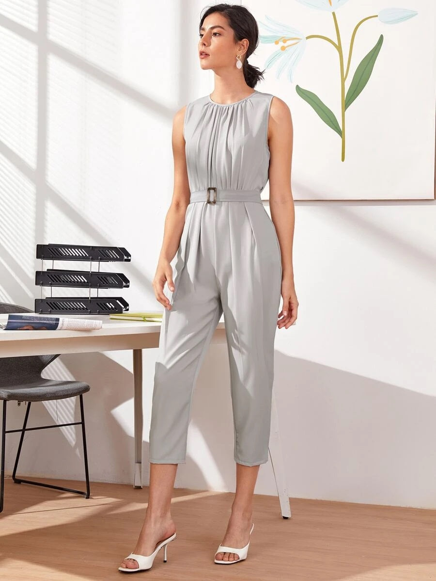 CM-JS616669 Women Casual Seoul Style Square Buckle Sleeveless Capris Jumpsuit - Light Gray