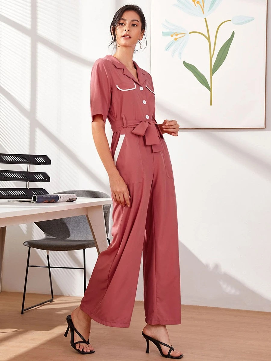 CM-JS610285 Women Casual Seoul Style Short Sleeve Button Front Lapel Collar Belted Jumpsuit - Pink