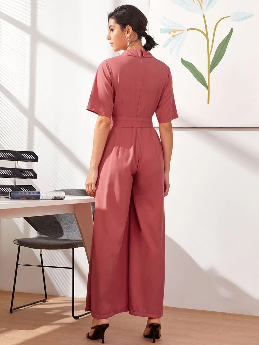 CM-JS610285 Women Casual Seoul Style Short Sleeve Button Front Lapel Collar Belted Jumpsuit - Pink