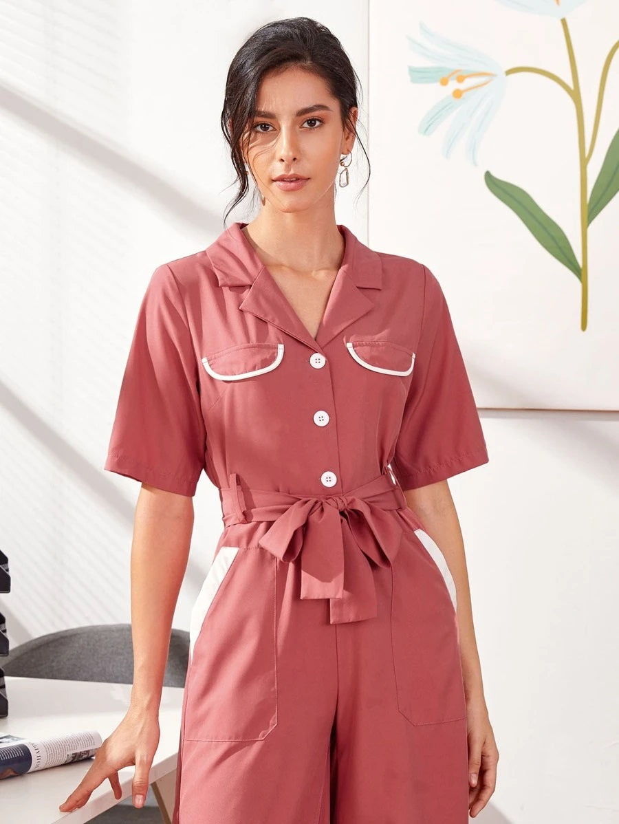 CM-JS610285 Women Casual Seoul Style Short Sleeve Button Front Lapel Collar Belted Jumpsuit - Pink