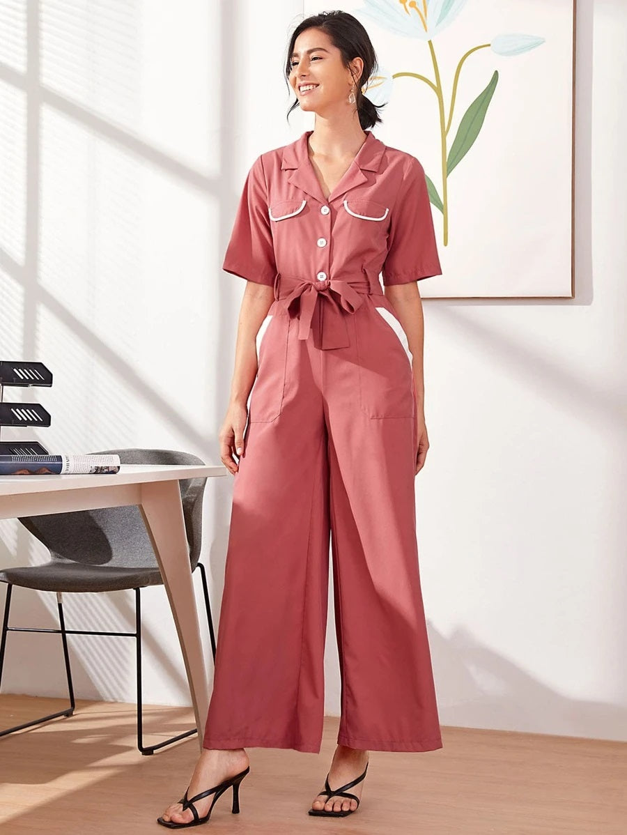 CM-JS610285 Women Casual Seoul Style Short Sleeve Button Front Lapel Collar Belted Jumpsuit - Pink