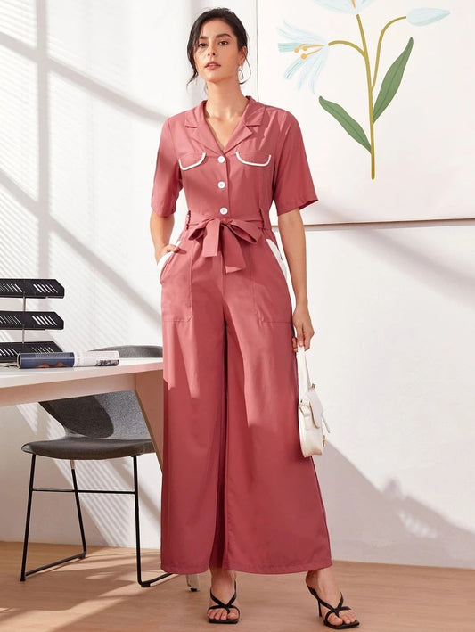 CM-JS610285 Women Casual Seoul Style Short Sleeve Button Front Lapel Collar Belted Jumpsuit - Pink