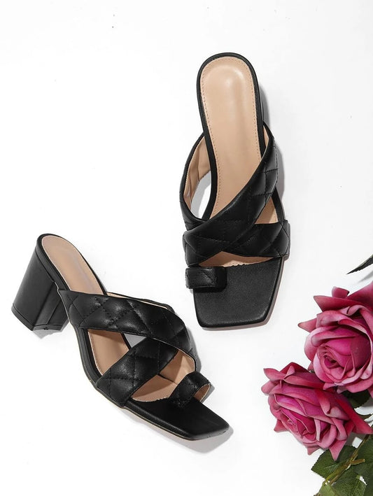 CM-SHS628637 Women Trendy Seoul Style Toe Loop Cross Strap Chunky Heeled Mules - Black