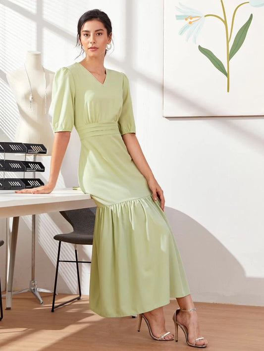 CM-DS628896 Women Casual Seoul Style V-Neck Puff Sleeve A-Line Long Dress - Lime Green