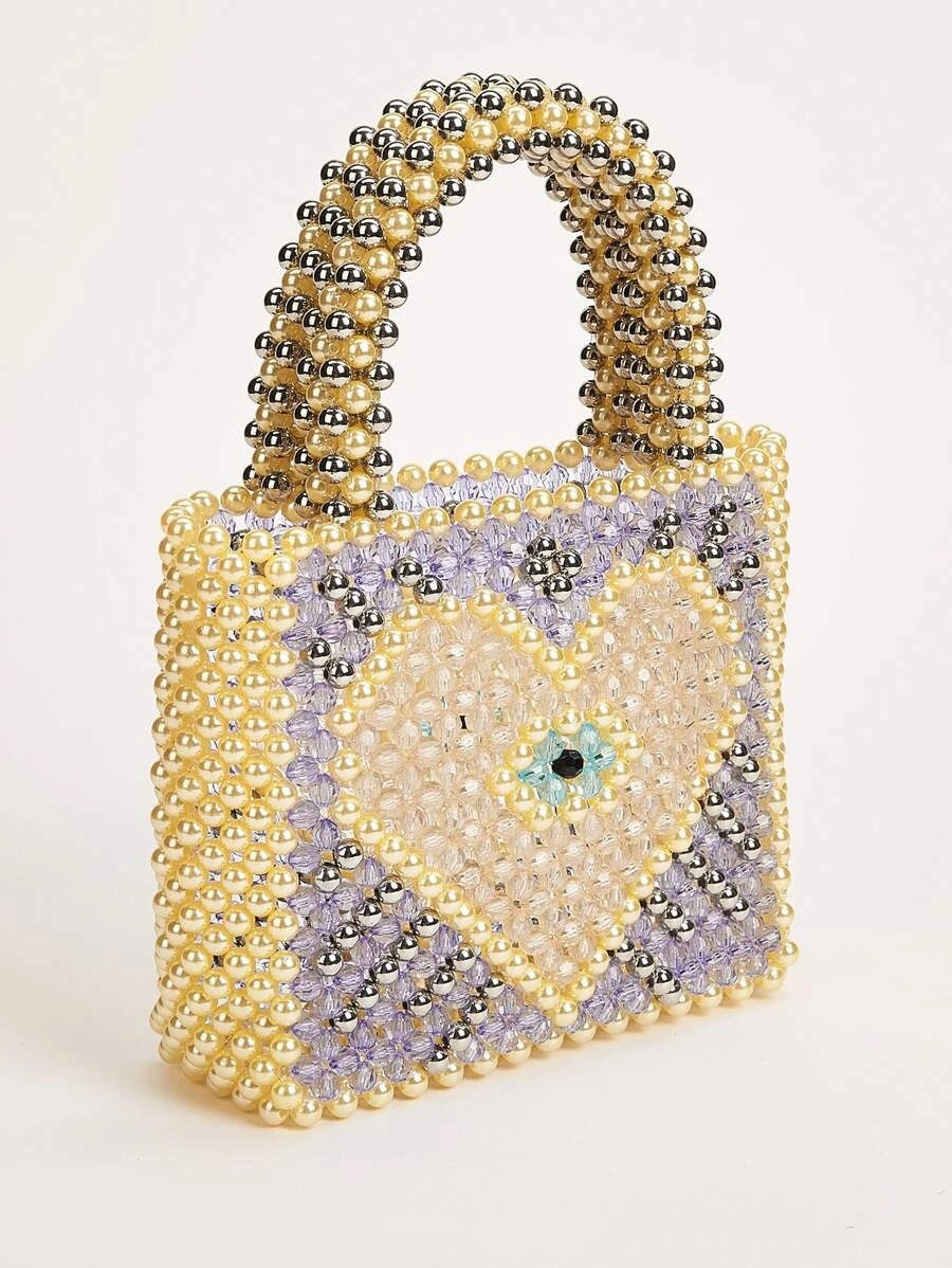 CM-BGS608495 Women Trendy Seoul Style Faux Pearl Decor Colorblock Satchel Bag