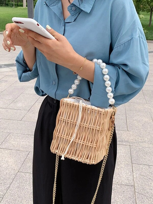 CM-BGS629454 Women Trendy Seoul Style Faux Pearl Handle Rattan Woven Bucket Bag