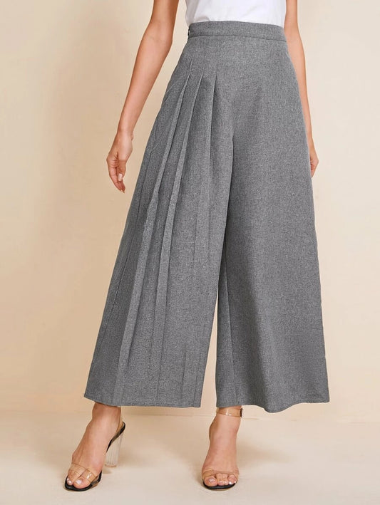 CM-BS623621 Women Elegant Seoul Style High Waist Fold Pleated Detail Wide Leg Pants - Gray