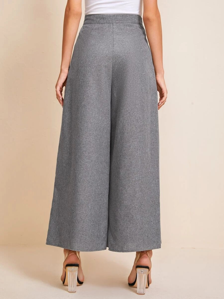 CM-BS623621 Women Elegant Seoul Style High Waist Fold Pleated Detail Wide Leg Pants - Gray