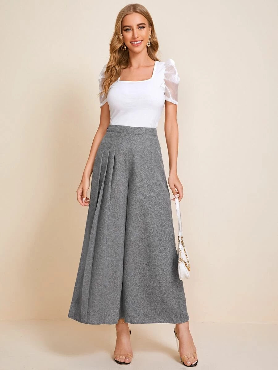 CM-BS623621 Women Elegant Seoul Style High Waist Fold Pleated Detail Wide Leg Pants - Gray