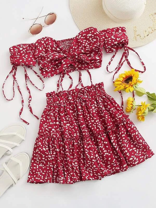CM-SS608135 Women Trendy Bohemian Style Print Knotted Bardot Top With Skirt - Set