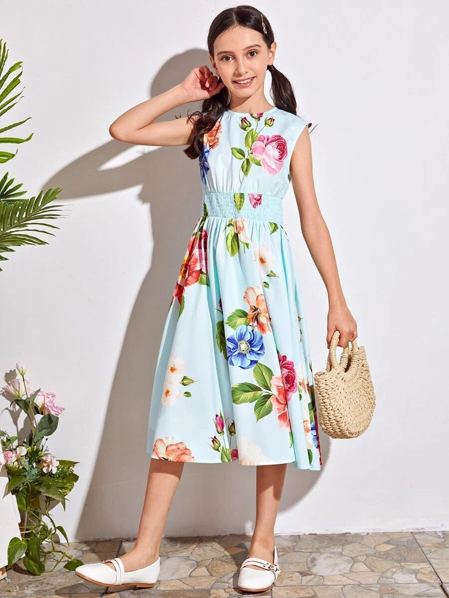 CM-KDS609072 Girls Casual Round Neck Shirred Waistband Floral Print Dress - Blue
