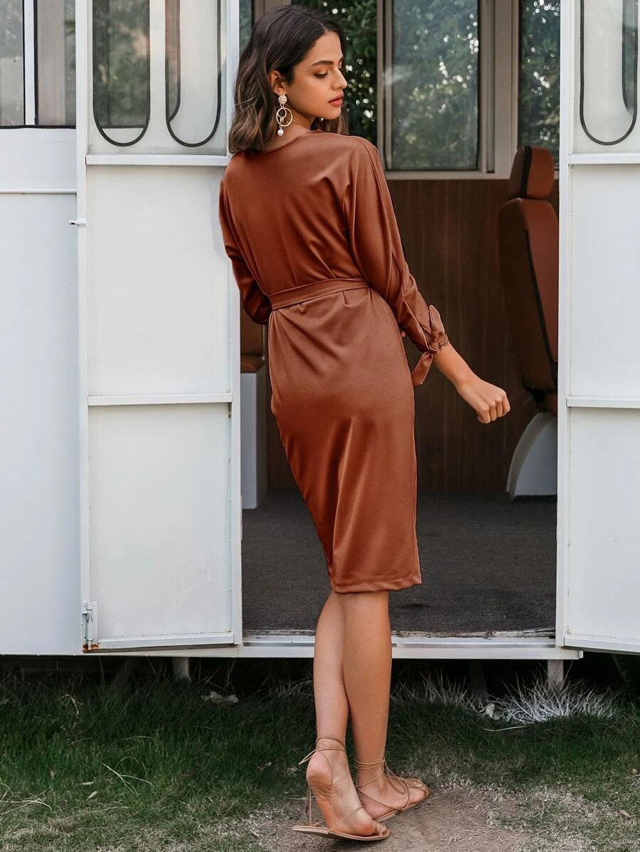CM-DS630569 Women Casual Seoul Style V-Neck Button Front Tied Cuff Belted Dress - Rust Brown