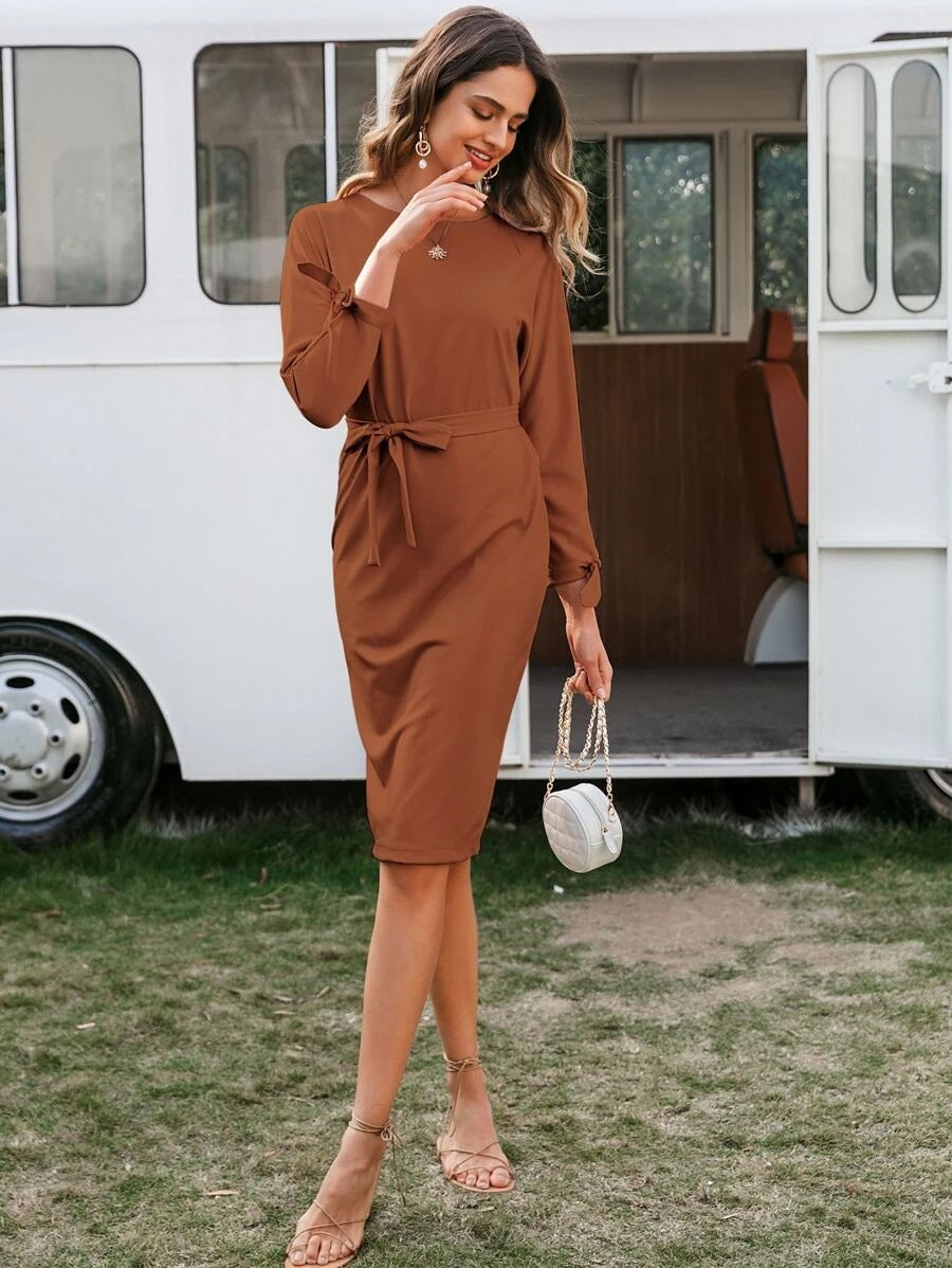 CM-DS630569 Women Casual Seoul Style V-Neck Button Front Tied Cuff Belted Dress - Rust Brown