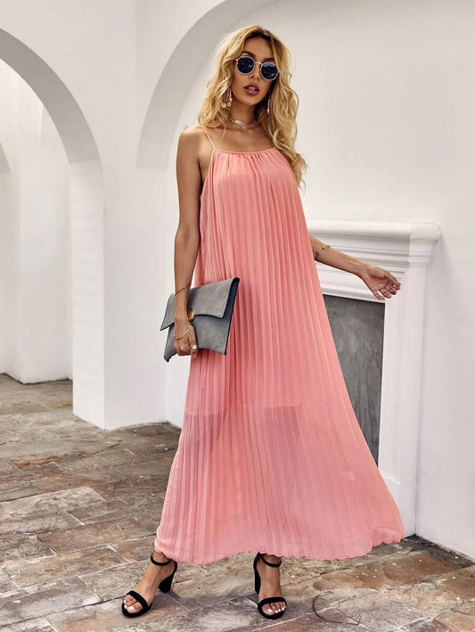 CM-DS602009 Women Elegant Seoul Style Sleeveless Solid Pleated Tent Cami Dress
