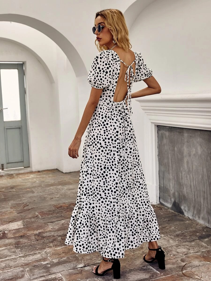 CM-DS618046 Women Trendy Bohemian Style Dalmatian Print Ruffle Hem Dress - White