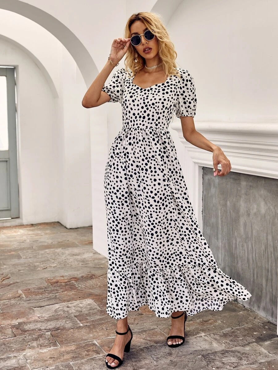 CM-DS618046 Women Trendy Bohemian Style Dalmatian Print Ruffle Hem Dress - White