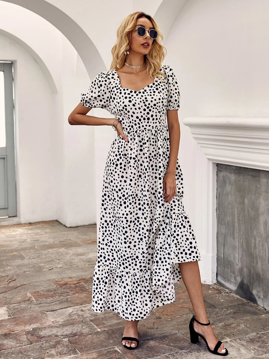 CM-DS618046 Women Trendy Bohemian Style Dalmatian Print Ruffle Hem Dress - White