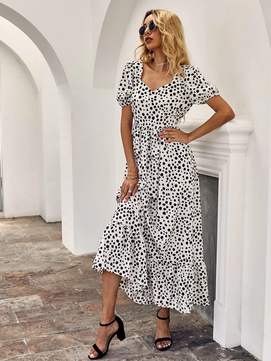 CM-DS618046 Women Trendy Bohemian Style Dalmatian Print Ruffle Hem Dress - White