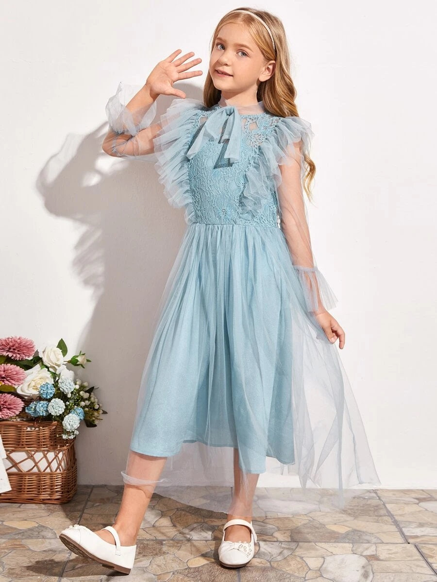 CM-KDS521842 Girls Elegant Tie Neck Lace Overlay Bodice Ruffle Trim Mesh Dress - Blue