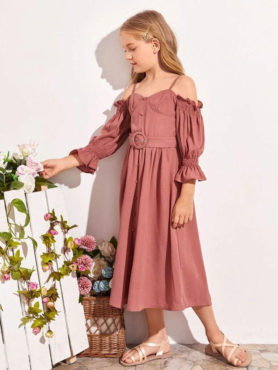 CM-KDS521612 Girls Trendy Cold Shoulder Ruched Bust Buttoned Front O-Ring Belted Dress