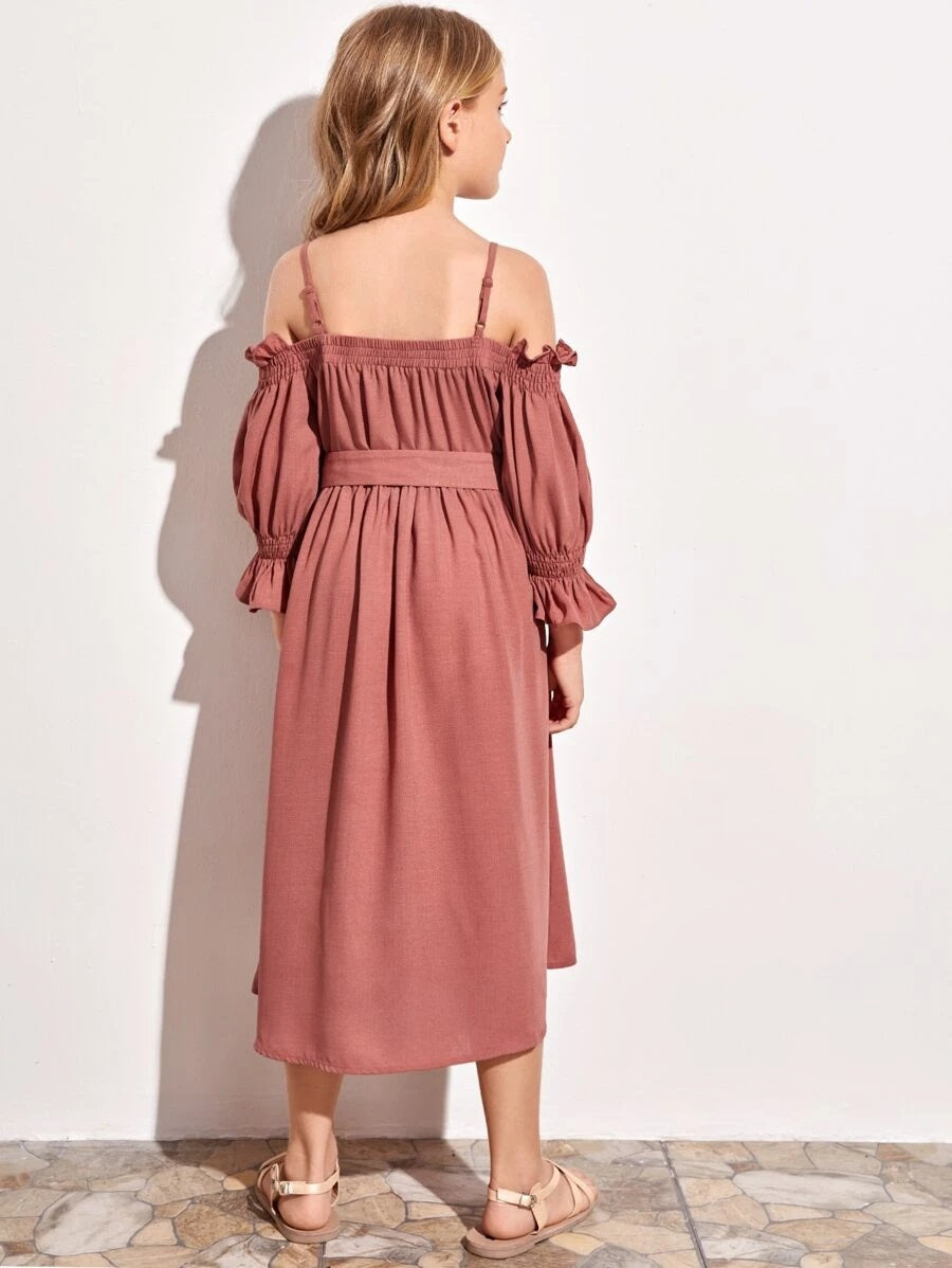 CM-KDS521612 Girls Trendy Cold Shoulder Ruched Bust Buttoned Front O-Ring Belted Dress
