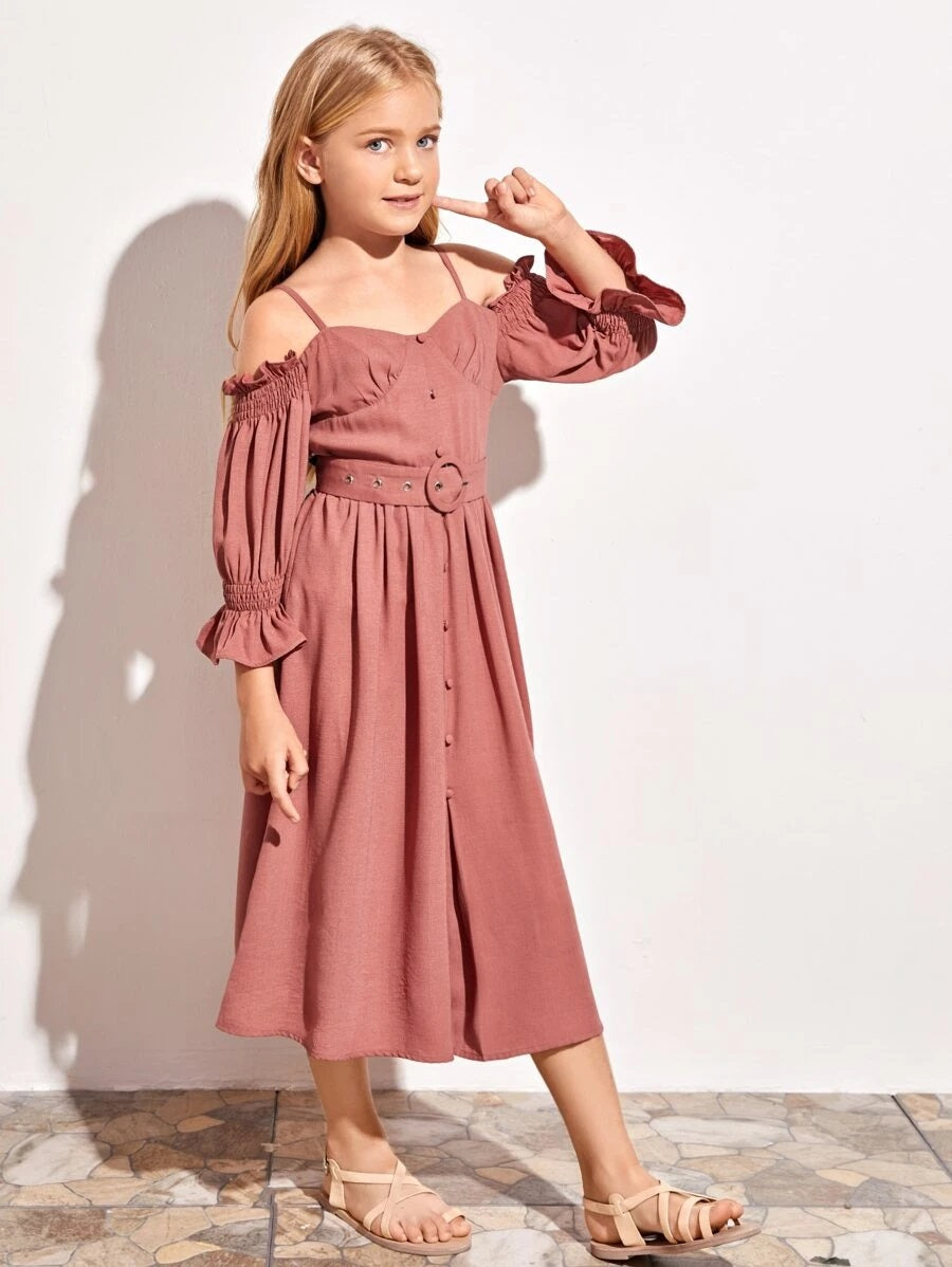 CM-KDS521612 Girls Trendy Cold Shoulder Ruched Bust Buttoned Front O-Ring Belted Dress