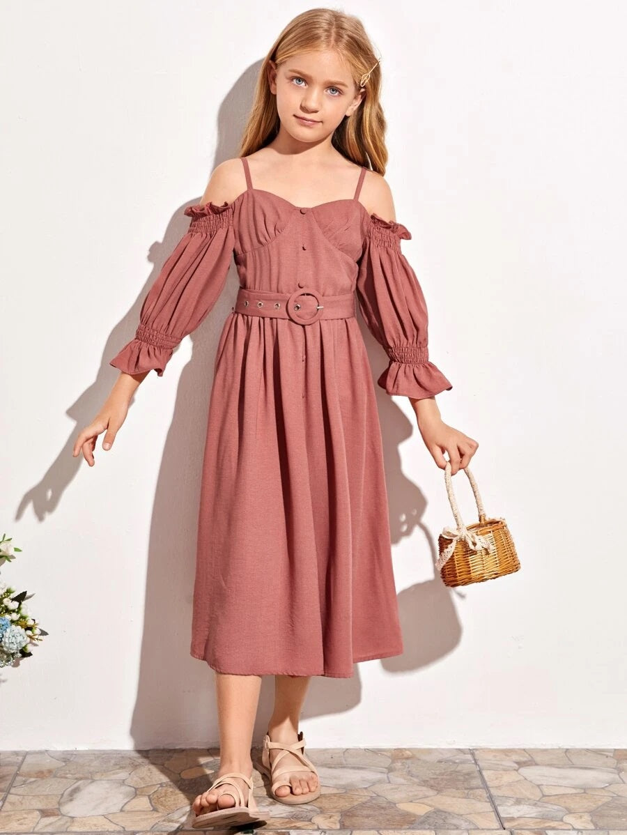 CM-KDS521612 Girls Trendy Cold Shoulder Ruched Bust Buttoned Front O-Ring Belted Dress