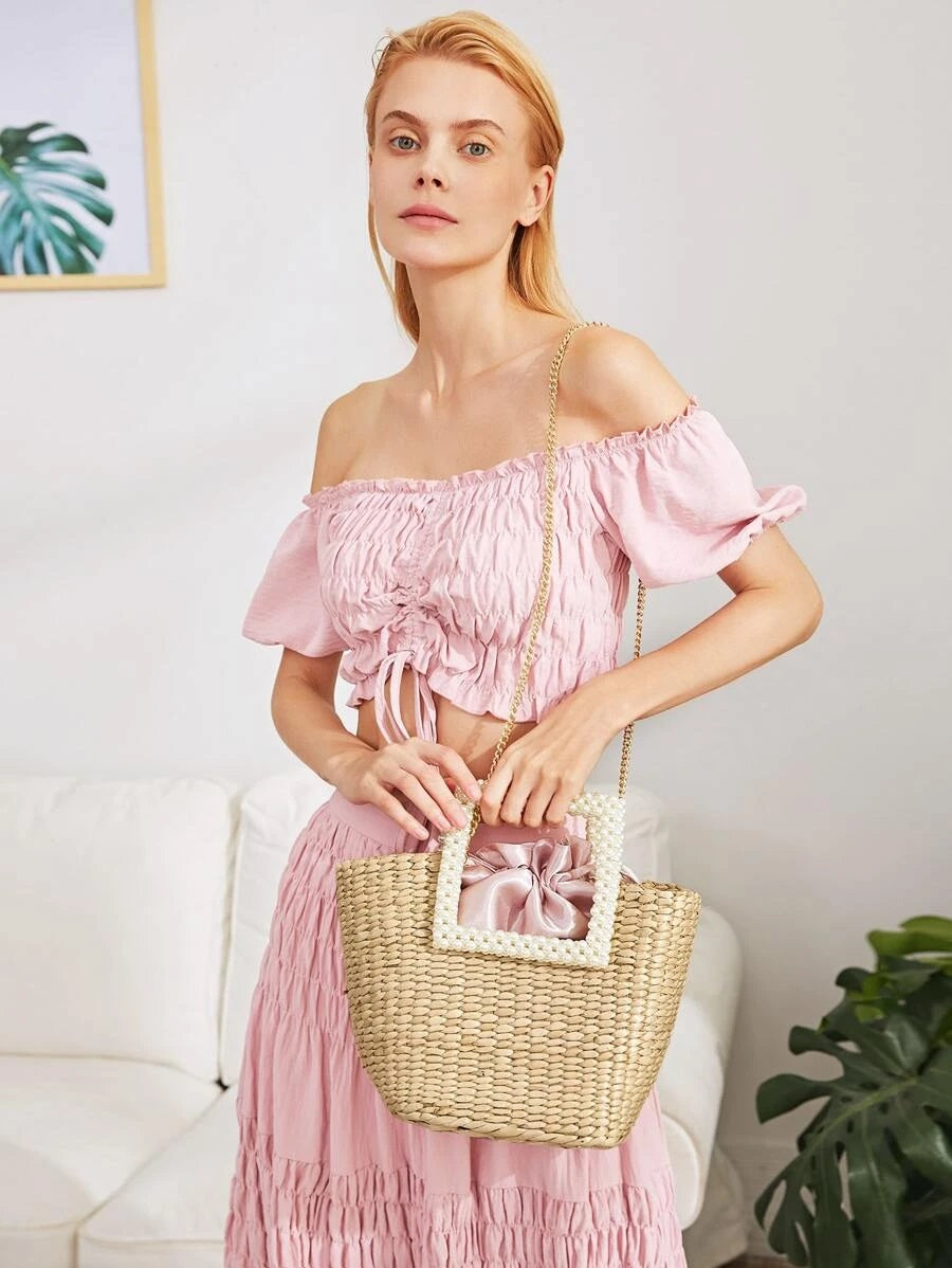 CM-BGS619849 Women Trendy Bohemian Style Faux Pearl Satchel Bag - Apricot