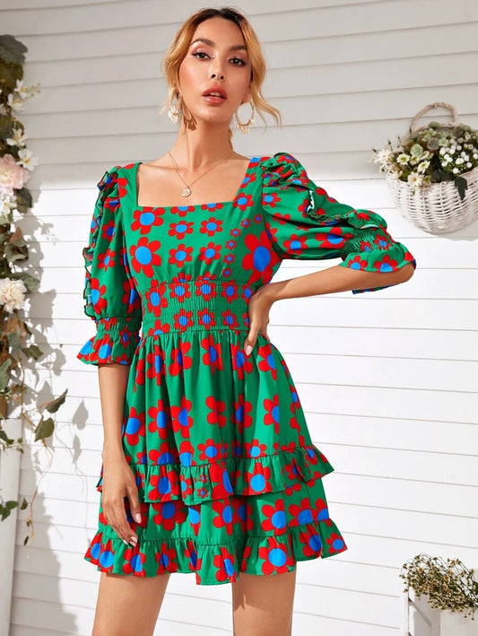 CM-DS628239 Women Casual Seoul Style Square Neck Floral Print Ruffle Hem Dress - Green