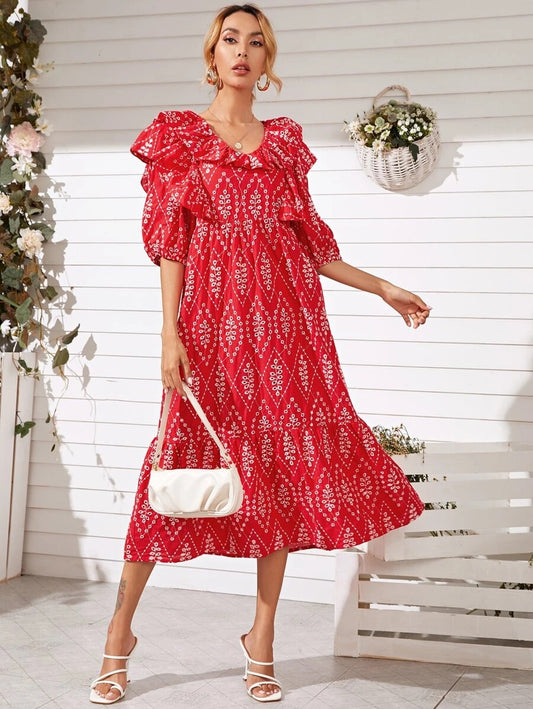 CM-DS628084 Women Trendy Bohemian Style Ditsy Floral Embroidery Ruffle Trim Dress - Red
