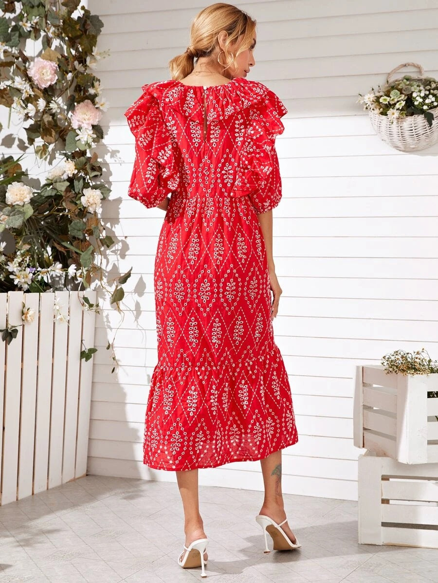 CM-DS628084 Women Trendy Bohemian Style Ditsy Floral Embroidery Ruffle Trim Dress - Red