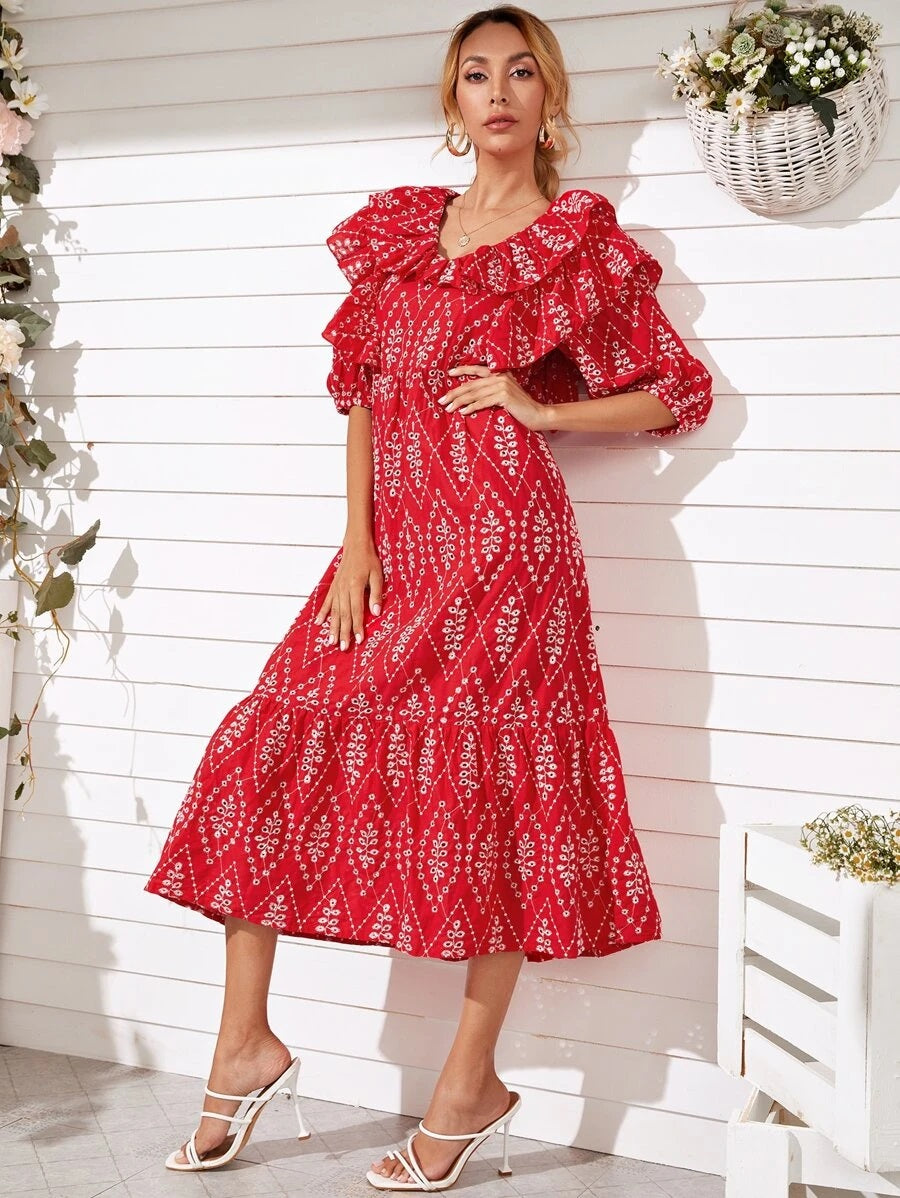 CM-DS628084 Women Trendy Bohemian Style Ditsy Floral Embroidery Ruffle Trim Dress - Red
