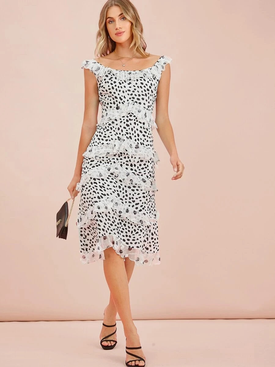 CM-DS618462 Women Elegant Seoul Style Layered Ruffle Trim Allover Print Dress