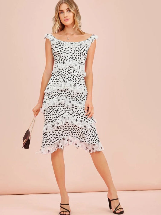 CM-DS618462 Women Elegant Seoul Style Layered Ruffle Trim Allover Print Dress