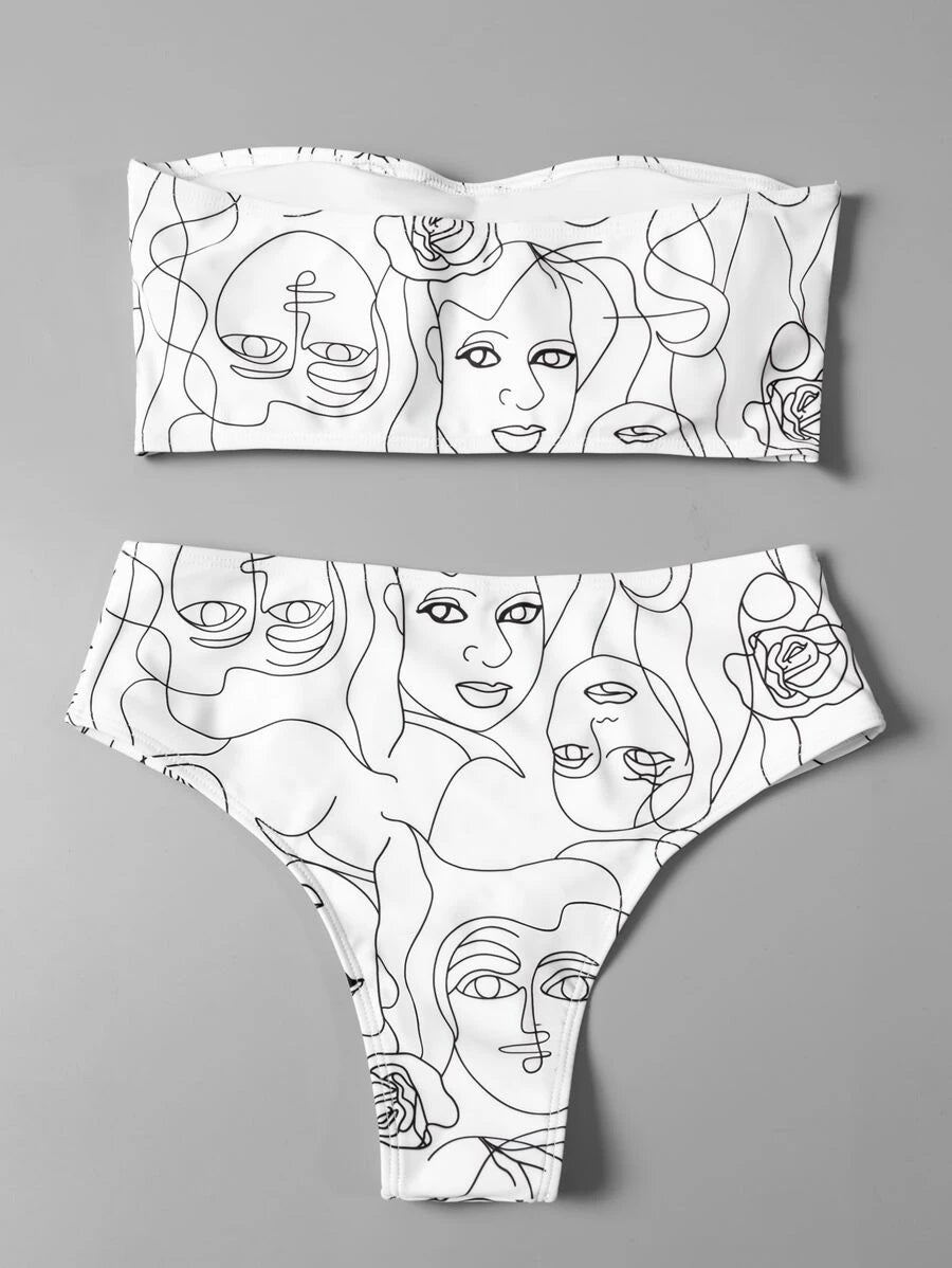 CM-SWS706844 Women Trendy Seoul Style Abstract Figure Graphic Bandeau Bikini Swimsuit