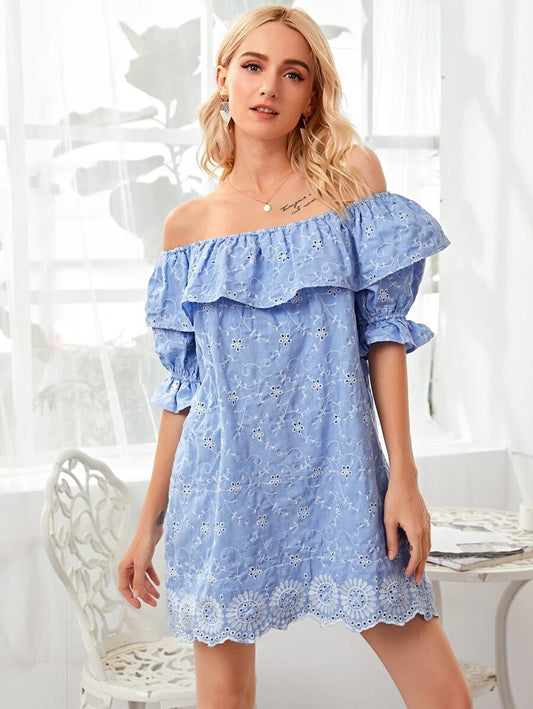 CM-DS706743 Women Trendy Bohemian Style Eyelet Embroidery Ruffle Trim Scallop Hem Dress