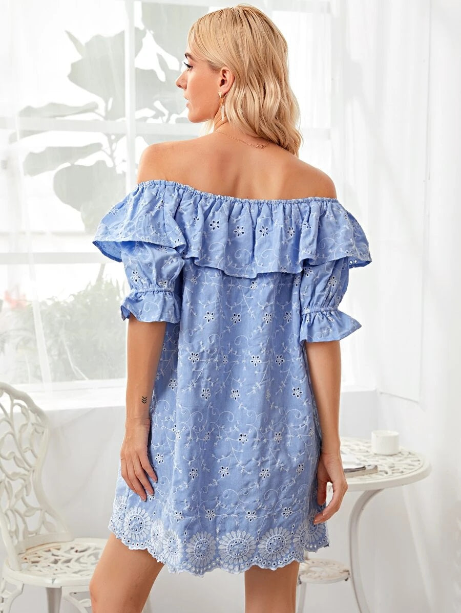 CM-DS706743 Women Trendy Bohemian Style Eyelet Embroidery Ruffle Trim Scallop Hem Dress