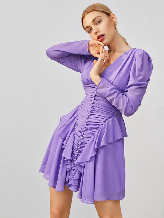 CM-DS619420 Women Elegant Seoul Style Gigot Sleeve Ruched Ruffle Detail Chiffon Dress