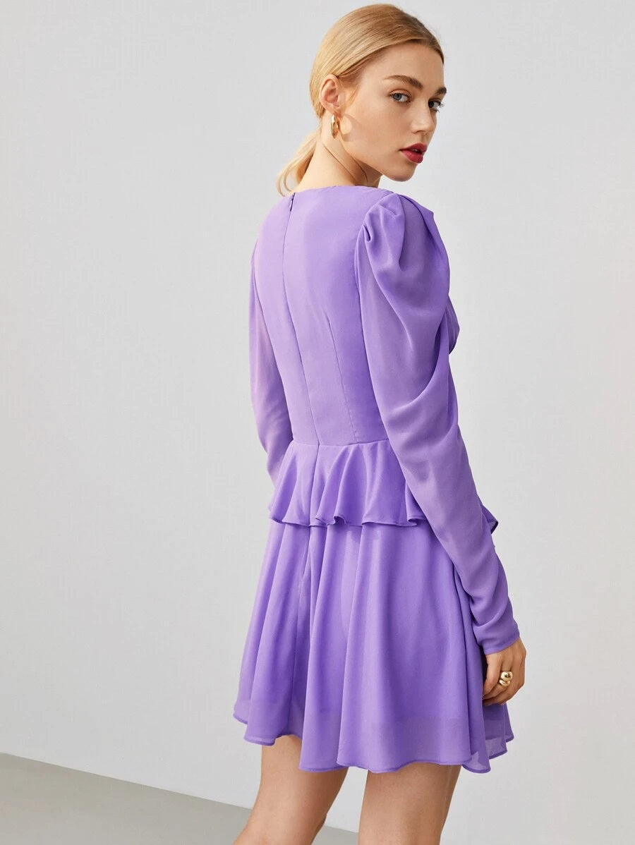 CM-DS619420 Women Elegant Seoul Style Gigot Sleeve Ruched Ruffle Detail Chiffon Dress