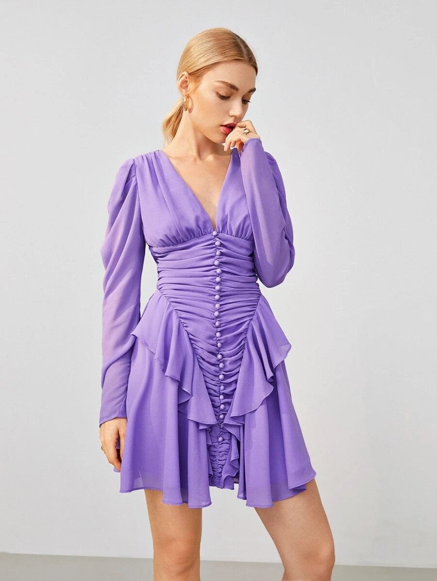 CM-DS619420 Women Elegant Seoul Style Gigot Sleeve Ruched Ruffle Detail Chiffon Dress