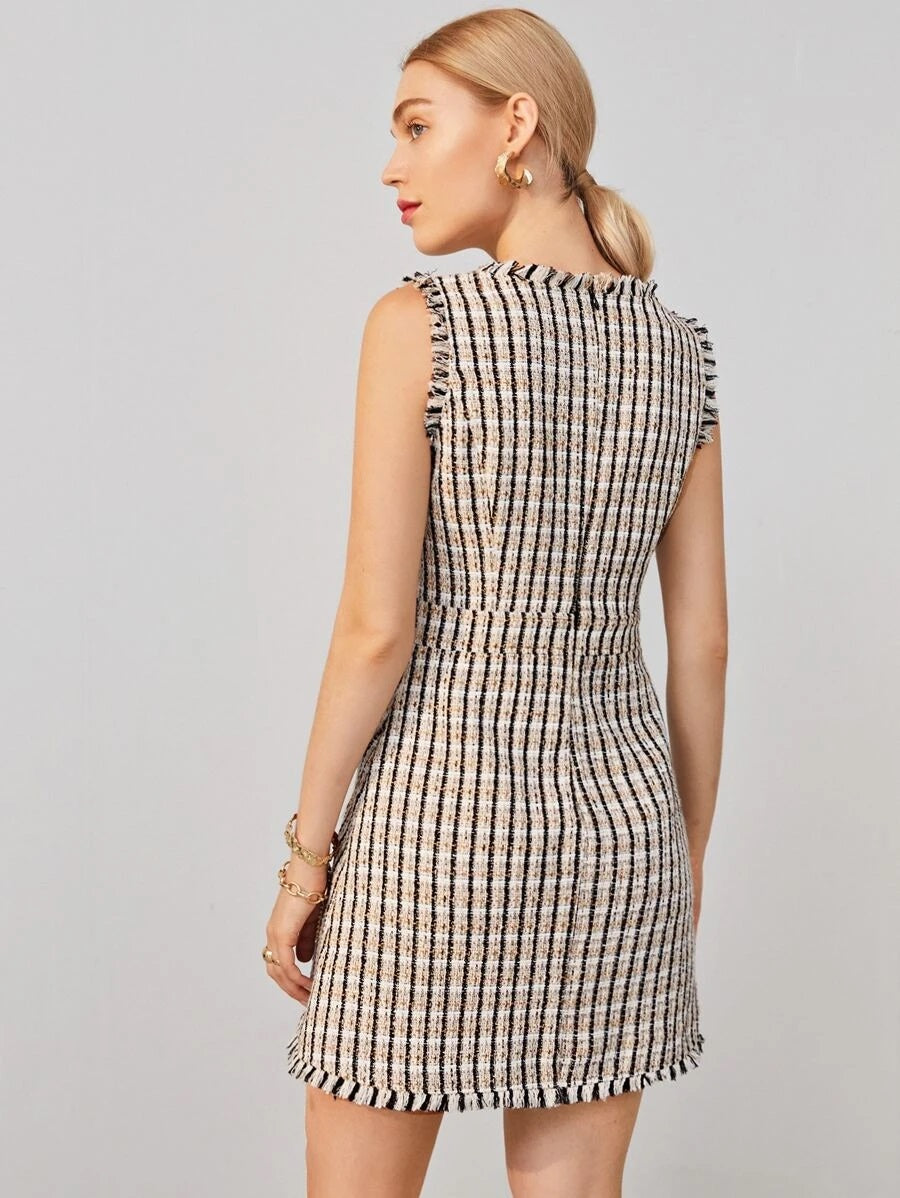 CM-DS619791 Women Elegant Seoul Style V-Neck Flap Detail Raw Edge Tweed Dress