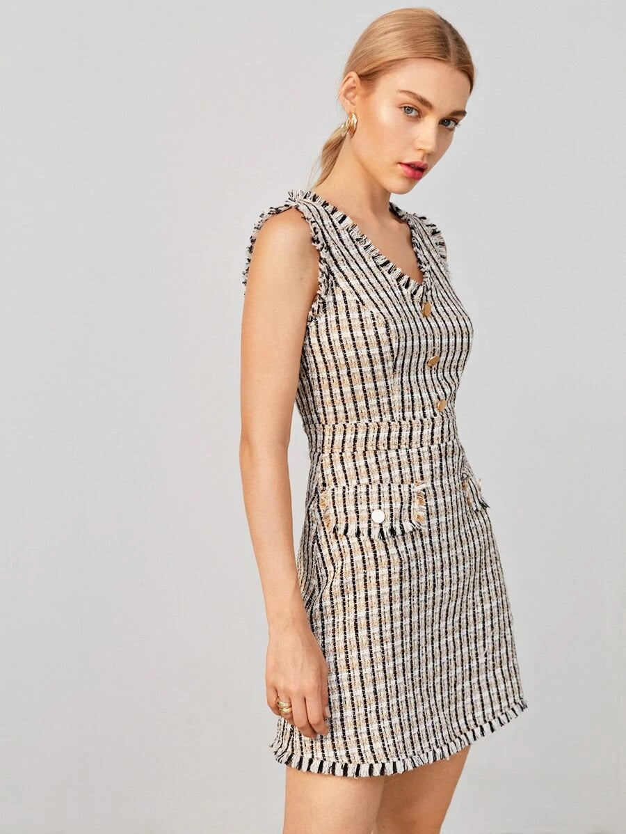 CM-DS619791 Women Elegant Seoul Style V-Neck Flap Detail Raw Edge Tweed Dress